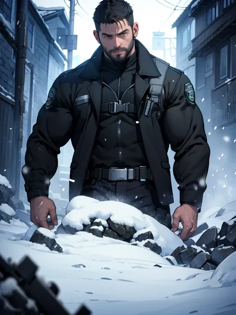 Dark gothic village in the background, old Chris Redfield from Resident Evil 8, 48 year old, muscular male, (unrealistically oversized muscular body:1.4), biceps, abs, chest, black trenchcoat, black trousers, shoulder holster, earpiece, belt, thick beard, ...