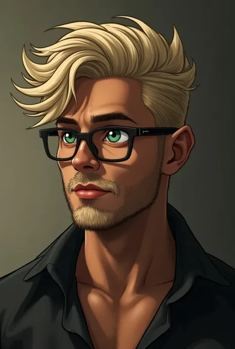  man with dark brown skin, light green eyes , cut wolf hair , beard and mustaches blonde ,Sexually,With glasses,Manhwa styles 