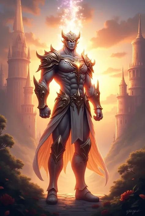 Create a square-sized image featuring a legendary hero from Mobile Legends: Bang Bang in an epic and dramatic pose. The hero should have a radiant aura, with their body illuminated by a soft, otherworldly glow. The background should be a majestic, fantasy-...