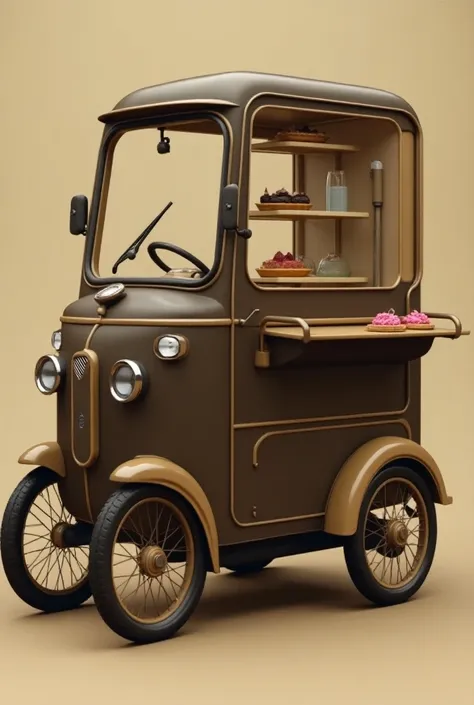  Vintage style pastry cart ,  dark brown and beige cars interspersed,  there is a small 2-compartment glass cabinet and a 2-compartment shelf on the side,  into a car with shelves giving out ,  car with a light thin roof, compact wheels , big car