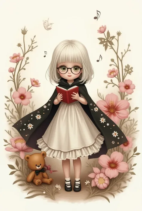 ,masterpiece, top quality, perfect anatomy, very beautiful, nonsense,,single, sepia brown filter, 1 girl(chibi, cute, petite, fair skin, pale skin,((wearing ((simple)) pink cape black cloak(cap, beautiful white embroidery with lots of detailed floral patte...