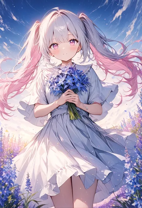 Anime、((Surprisingly bizarre )),(masterpiece:1.2),超 Hi-Res,  Attention to Details ,  High Quality ,  Hi-Res, 最 High Quality , 4K, 8k、The background is a flower field, delphinium flower field ,Glitter Effect, vignette female,Spreading Love , Shining Pink , ...