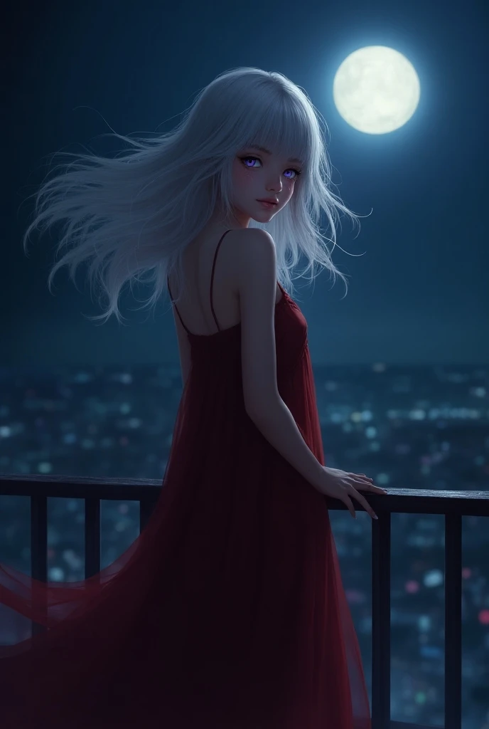 Girl with long silver hair, violet eyes, red dress, standing on a balcony, night, crying.