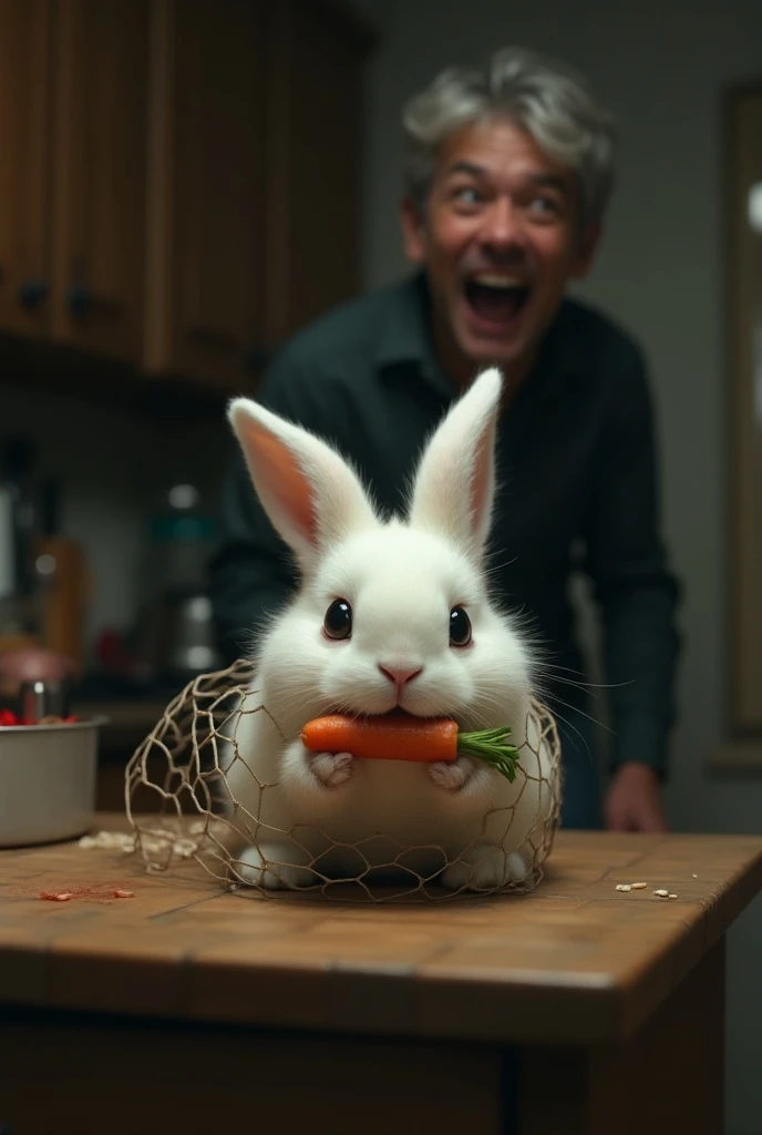 Give a vivid image of "A sad, fluffy white rabbit with gentle, teary eyes, holding a carrot in its mouth, trapped in a net from all side on a kitchen table. The rabbit looks helpless and scared. In the background, a man with gray hair stands nearby, laughi...