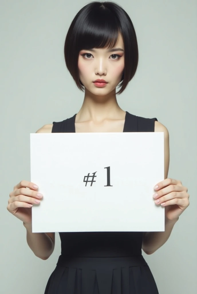  Beautiful lady with short straight mens style hair, dress ,  holding a white board with text "group of 1 grade 
"  and showing it to the spectator