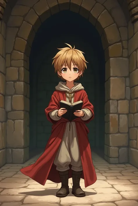  boy, s,  light brown hair, book in hand, cented,  medieval clothes , Old medieval room , Anime medieval, empty expression, 2D