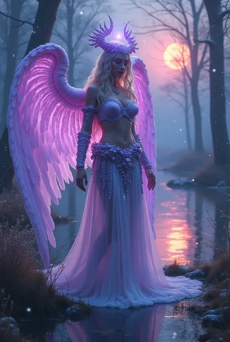 Angelic woman with very large breasts in multidetailed white and purple Vikini costume with neon-lit nighttime lights next to a large swamp with fireflies and lots of snow 