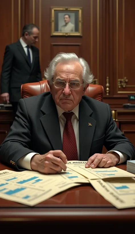 Generate a hyper-realistic 3D image of Bernie Madoff’s office with his stern face visible as he calmly sits at a desk covered with financial statements, stock charts, and a file labeled Ponzi Scheme. A shadowy figure in the background appears to be leaving...