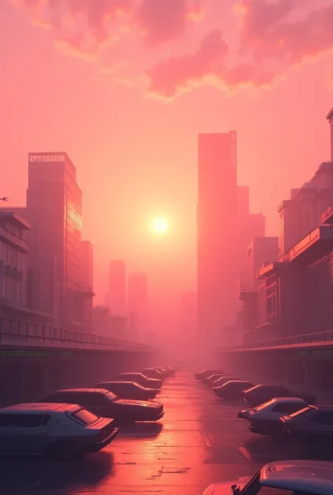 A city with a pink sky, orange clouds in an orange fog looking like 80s cars