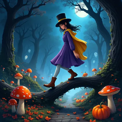 Focused scene capturing the girl stepping gracefully over a fallen log; intricately detailed fallen leaves and mushrooms surround her. The backdrop remains consistent with dark trees and mist, interspersed with faint ghostly figures. The lighting accentuat...