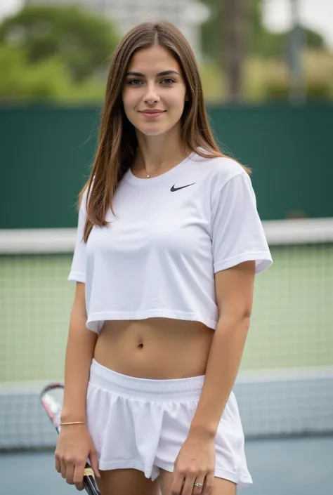 photo of a woman standing showing her entire body. a beautiful woman, brunette, model, with medium breasts and a big ass, straight and long hair. She is on an outdoor tennis court, wearing a white short skirt and a white Nike t-shirt, holding a tennis rack...