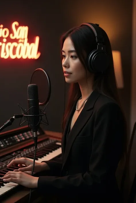 Elegant lady with straight hair recording in a recording studio with a microphone and headphones on and in the background you can see a sign that says Radio San Cristóbal.