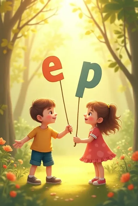 A boy holding a string with the letter E ,  next to him a girl holding a cord with the letter P