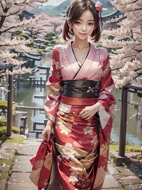 breasts shot photo, masterpiece, best quality:1.2, 1girl, kimono girl, Kimono with patterns, outdoors, japanese style, cherry blossom.
