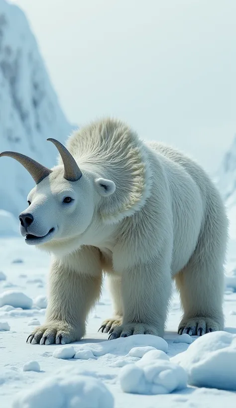 "Create a realistic image of a hybrid creature that combines features of a Triceratops and a polar bear. This creature should have the muscular, fur-covered body of a polar bear, integrated with the Triceratopss bony frill and three prominent horns. It sta...