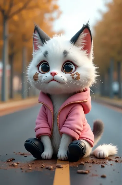 Generate a high quality 3D image:A white black cute cat wear pink jacket and black shoes are [dirty by mud]and she was [crying] on road