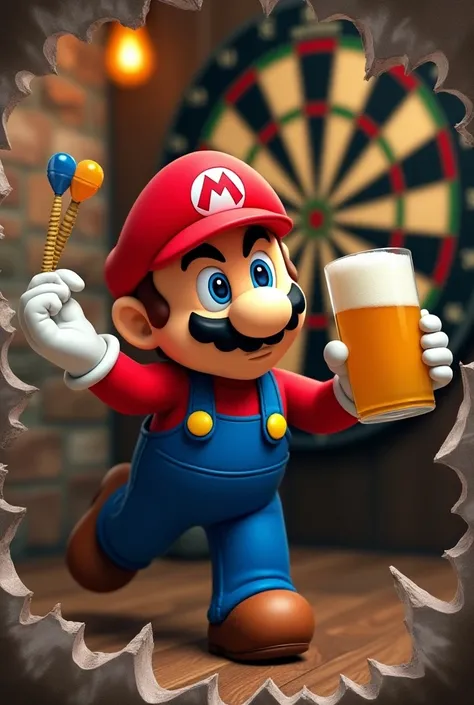 Personnage mario qui joue aux fléchette avec une biere avec le contour de limage qui part en eclat  