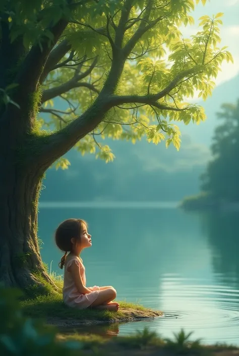 A small girl is sitting lake aside and a magical tree is there