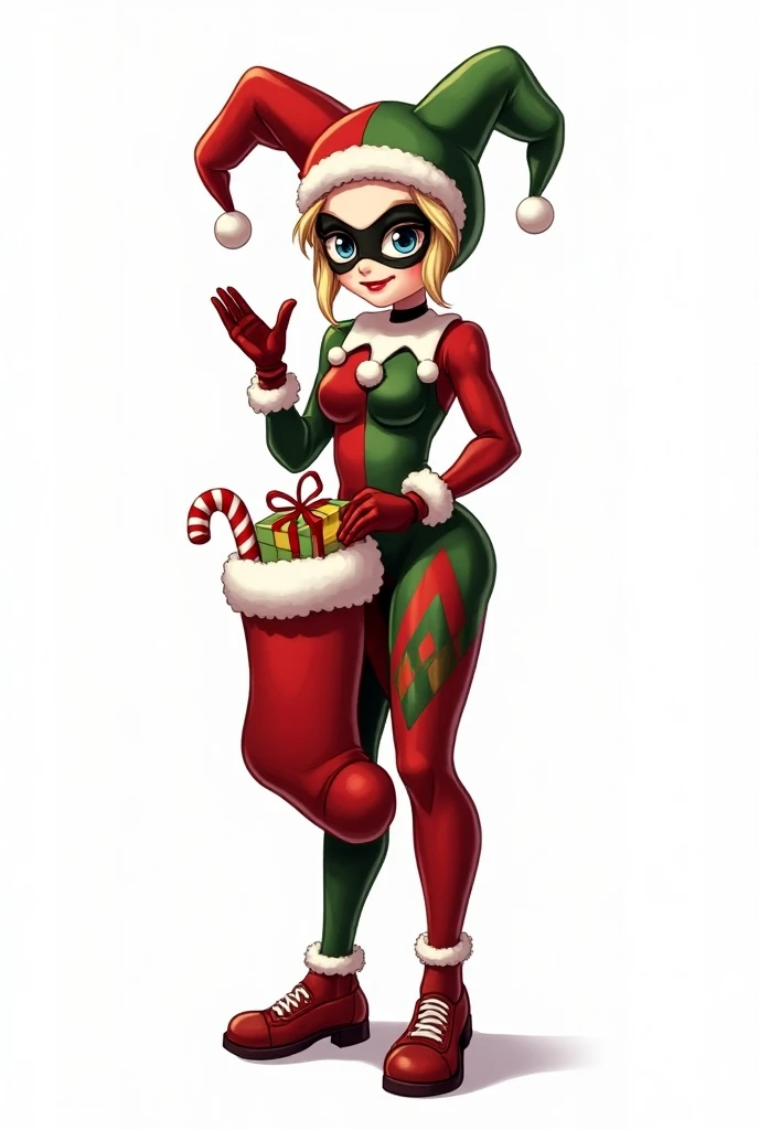 Harley Quinn: "Create a clipart image of Harley Quinn wearing a red-and-green Christmas outfit with a jester hat, holding a stocking filled with candy canes and small gifts. The background should be pure white. Make this clipart with a resolution of 300 dp...