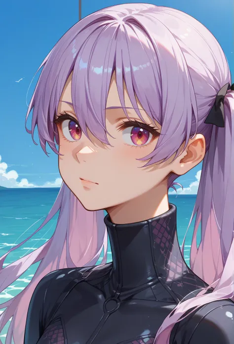 score_9,score_8_up,score_7_up, 1girl, alternate costume, lavender hair, dressed in a sleek, high-neck black and silver bodysuit with intricate circuitry patterns, hair between eyes, long hair, sea background, portrait, twintails