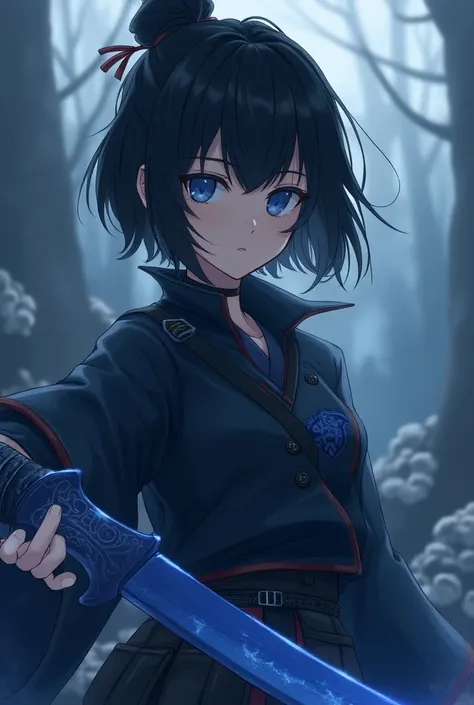  An anime demon Slayer style character who uses infinite breathing 
She has short, black hair,Blue eyes and the dark blue sword the very short hair that is a pillar 