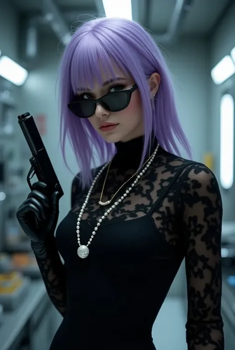 25yo female,lavender hair,pale skin,sunglasses, pearl white necklace, black lace turtleneck dress,black gloves, holding a silenced pistol, in a hitech laboratory 