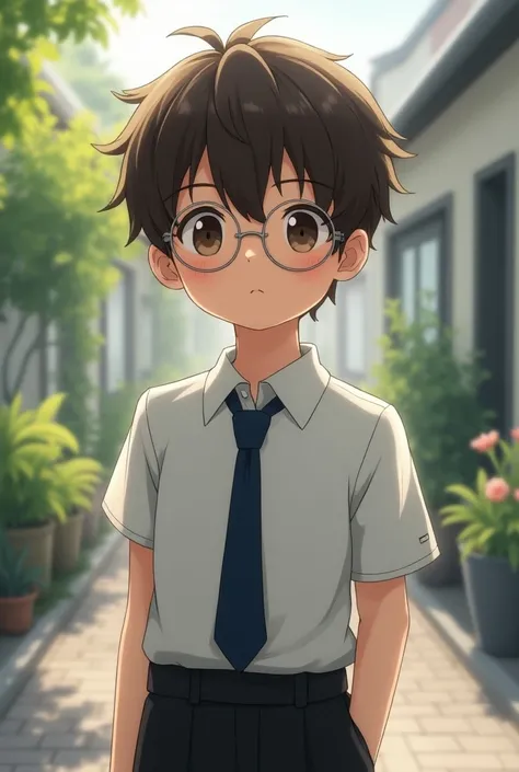 Boy with wavy short hair. Wear Japanese uniform and round glasses in human version