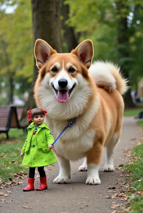 Picture a huge house-sized corgi (15 feet tall) with classic features: a fox-like face, thick reddish-white fur, and short legs. His owner, an 8-inch tall woman, wears a bright green polka-dot jacket, red boots, and pigtails with red ribbons.

The corgi ho...