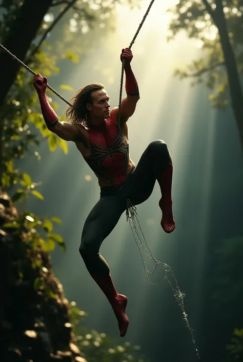  best Art photograph ,  hyperealistic , UHD, hdr, 5D, medium shoot, Extreme Tarzanman wearing a spideran cosplay are swinging from one large tree to another with his spider web, Full action , dramatic, cinematic