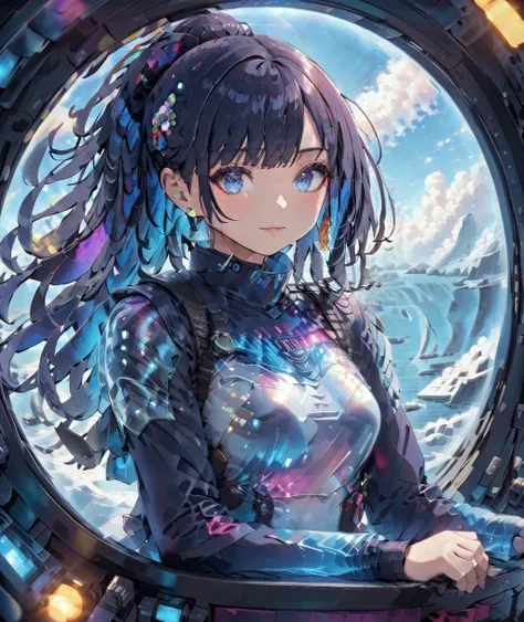 ((Holographic glow effect)),(masterpiece、Best Quality、 highest resolution、Clear_image、Detailed details、The angle is from above): (solo、A girl alone、Japanese Faces、 high knot ponytail、Dark blue hair girl、 smaller breasts、（ perfect body：1.4）、 Sparkling Blue ...