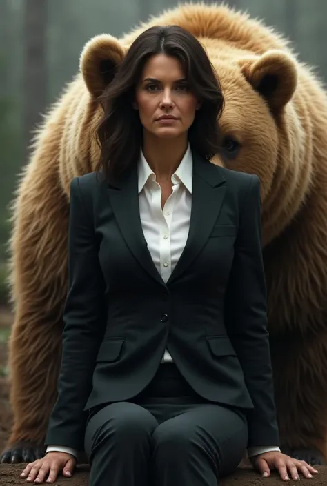 A middle aged woman dressed with a suit, with dark brown hair and eyes. She has a big nose. She is sitting on a bear 