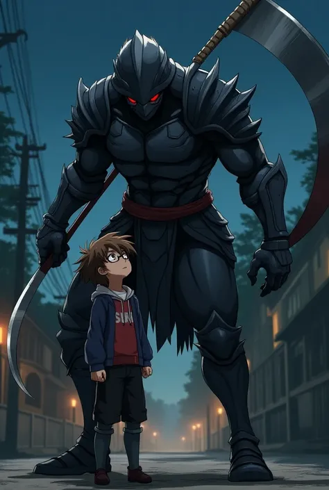 Scene between two characters. Character 1: (A full body image of a teenager, 13, male, brown hair, otaku, anime lover, headphones around his neck, glasses, red anime hoodie, brown pants, red and white Jordan shoes). Character 2: (A man wearing a thin grey ...