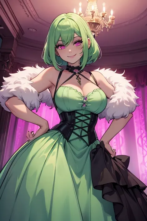 Perfect face. Perfect hands. A light green haired woman with pink eyes and an hourglass figure in a pink ball gown is smiling in a Gothic Ballroom
