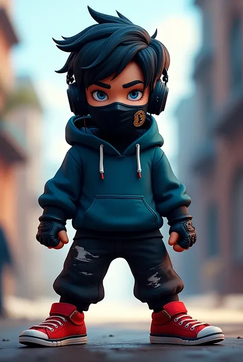  Create a pale boy with dark blue eyes,Black hair and messy,black COVID mask ,Dark blue sweatshirt,black headset, black pants , black biker gloves and red sneakers , do it in Brawl style stars 