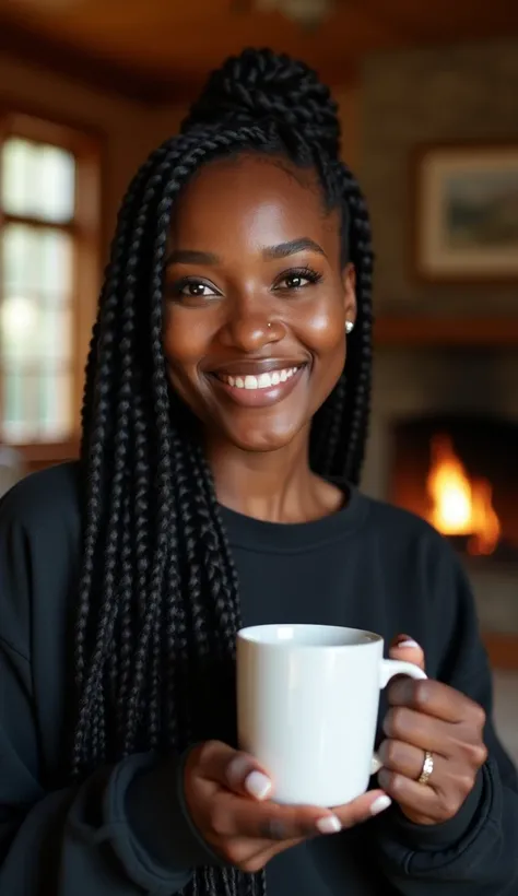 a black woman with long box braid hair, around 30 years old, holding a white mug in her right hand and showing the mug to the camera, she is smiling, wearing a black sweatshirt without a pattern, she has a piercing in her nose and ear, scenery a country ho...