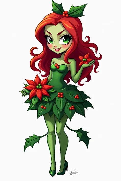 Poison Ivy: "Create a clipart image of Poison Ivy with a holiday twist, wearing a dress made of holly leaves and berries, holding a small poinsettia. The background should be pure white. Make this clipart with a resolution of 300 dpi and size of 5x5 inches...