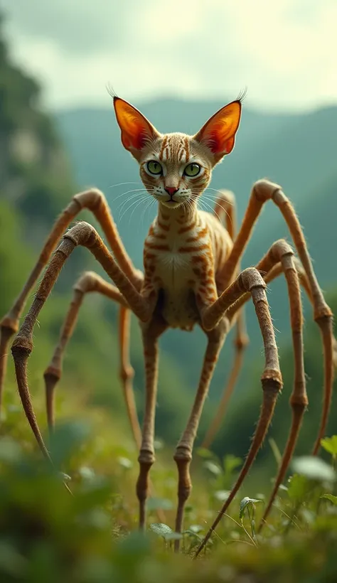 a hybrid cat with long spider legs and colorful predator patterns, playful outdoor photo in the countryside, dreamy atmosphere, spider web with dew drops, 1cat, detailed facial features, beautiful eyes, sharp focus, 8k, photorealistic, cinematic lighting, ...