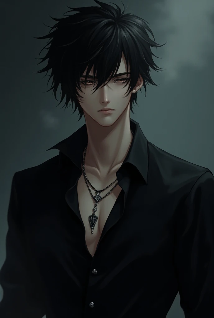 Gay anime、 Handsome guy  、 very cruel angel 、black shirt, 、cold 、black eye,  face badboy clothes starboy 、black boots,smoking, wearing a necklace ( of the best quality , 4k,  High resolution 8K , masterpiece: 1.2), absurd,  High definition illustration , p...