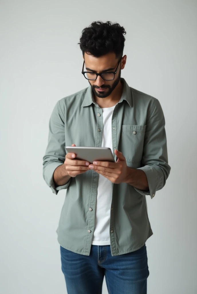 "A Latino man standing ,  looking closely at a tablet . wear casual clothes,  including a comfortable shirt and jeans ,  complemented by lenses .  His expression denotes concentration while interacting with the device. The background is neutral,  focusing ...