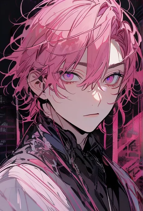  handsome, Alone, 1 person,  Pink Hair, (( small dark pink hair )), ((Dark pink eyes)), 1 person,  handsome, male,  short hair,   Details, messy hair , Hair between the eyebrows, 