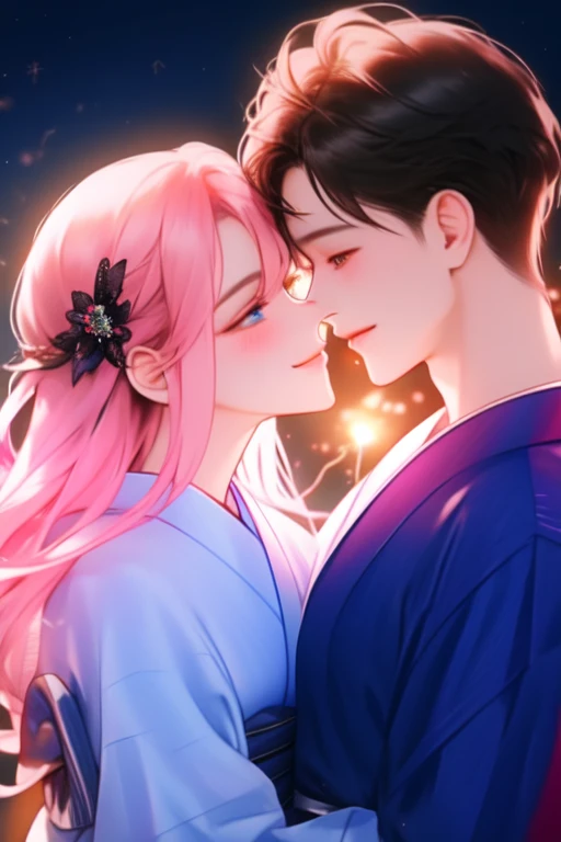 ( extremely delicate and beautiful:1.2), 8k, (masterpiece, best:1.0),  beautiful image at the center of the screen ,  perfect face,  mans dark hair ,  womans pink hair ,  Both characters are depicted in detail ,  All wrinkles and curves are skillfully made...