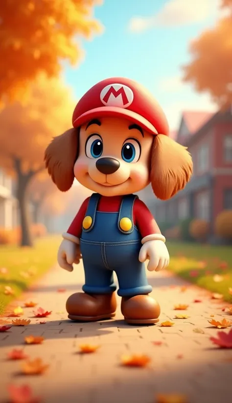  High quality 3D rendering of anthropomorphic cute puppy, wearing mario bros clothes .  Cartoon style with and overall atmosphere should have warm autumn lighting and golden footpath surrounded by autumn foliage.  The background should show the school scen...