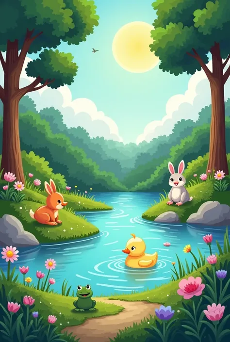 small lake in the middle of the forest with flowers and a bright sun that looks like a cartoon and has a little duck, a frog and an animated bunny 
