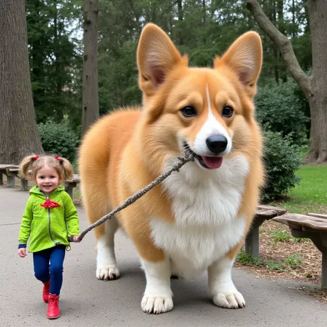 Picture a huge house-sized corgi (15 feet tall) with classic features: a fox-like face, thick reddish-white fur, and short legs. His owner, an 8-inch tall woman, wears a bright green polka-dot jacket, red boots, and pigtails with red ribbons.

The corgi ho...