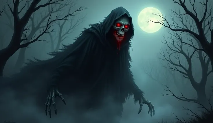 Create a haunting illustration of a skeletal, ghostly figure cloaked in dark, tattered robes. The figure has a skull-like face with menacing, glowing red eyes and sharp, jagged teeth, exuding an aura of terror. Its hooded form floats in a dense fog, partia...