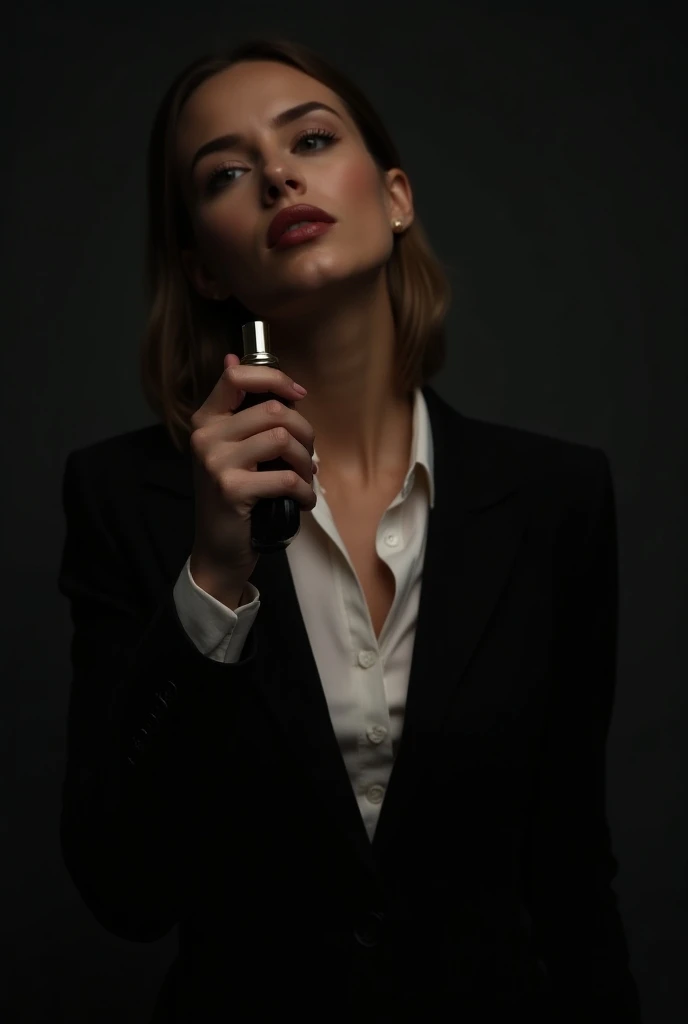  A close-up promotional image ,  outfit , sexy femininity ,  in a womans real ,  the angle of the face is slightly tilted to the left as he sprays perfume on the area between the neck and shoulders.  The photograph of him from the chin down ,  accentuate t...