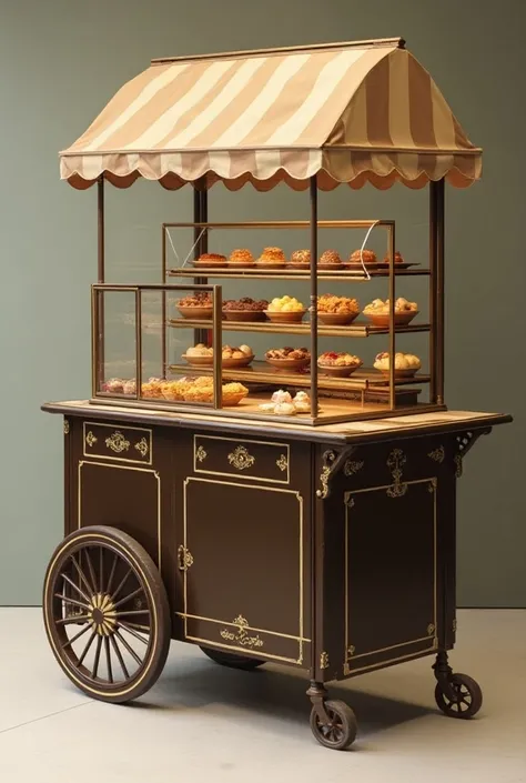  Vintage style pastry cart ,   an alternating dark brown and beige vehicle ,   with small glass cabinet 3 compartments occupying 1 part 2 countertops,  2 side compartment shelves , a shelved vehicle gives ,   light thin covered car , compact wheels , xe lớ...