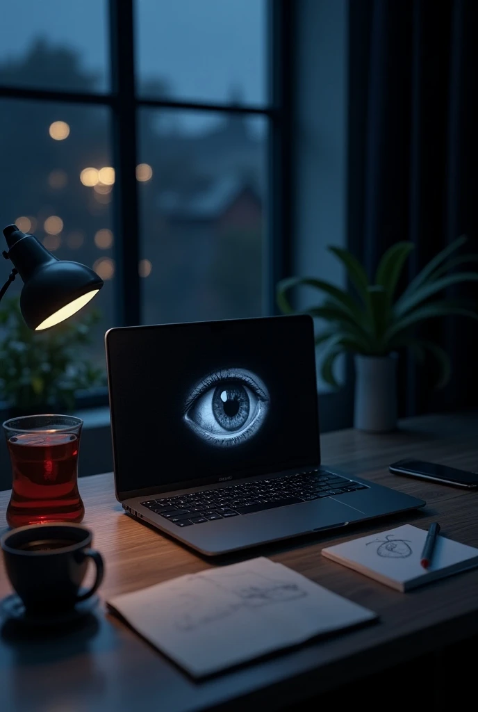 A black loptop .in its screen a background  written in it go on next to the laptop acup of red tea and some papers and pencil and a draw of eye by pencil. The background is at night