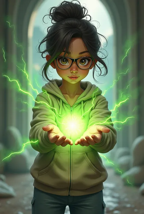 Make a brown  girl with short curly brown hair in a bun and brown eyes and beige hoodie and gray blue pants and gold and black glasses with green chaos magic from her hands