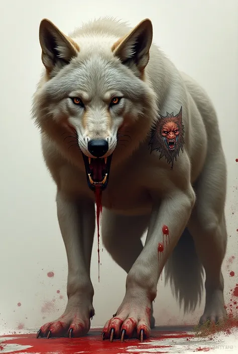 Wolf with his mouth dripping with blood with a tattoo with the name SantClair,  realistic image 